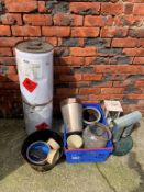 Two large tins of Nusil Silicone Treatment, quantity of pots and lamps etc.
