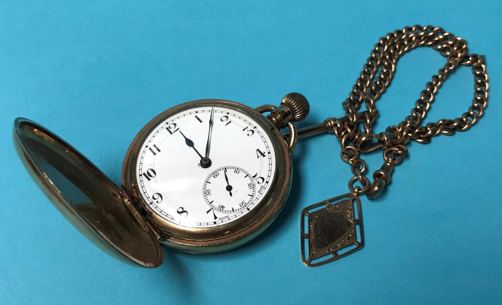A gold plated Elgin pocket watch, with a 9ct gold Albert, 16.5g