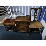 A small oak chest of drawers, a chair and an oak nest of tables