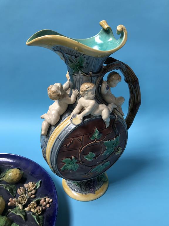 A Minton majolica Bacchanalia ewer by Hughes Protat, shape 900, date code 1862 and a Palissy ware - Image 4 of 7