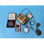 A silver pocket watch, vesta and Mauchline box etc.