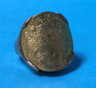A 1915 Ducat, ring in yellow metal mount, 8.5g total