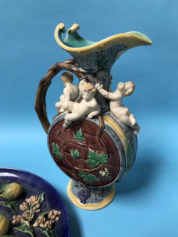 A Minton majolica Bacchanalia ewer by Hughes Protat, shape 900, date code 1862 and a Palissy ware - Image 3 of 7