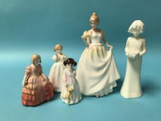 Four Royal Doulton figures and one Royal Worcester figure