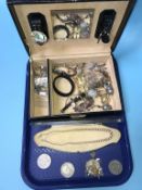 A jewellery box and contents, to include commemorative crowns etc.