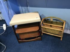 A teak stool, sewing box etc.