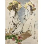 Bernard Dufour print, 'Two girls seated on a ledge', 44 x 32cm