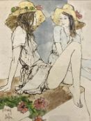Bernard Dufour print, 'Two girls seated on a ledge', 44 x 32cm