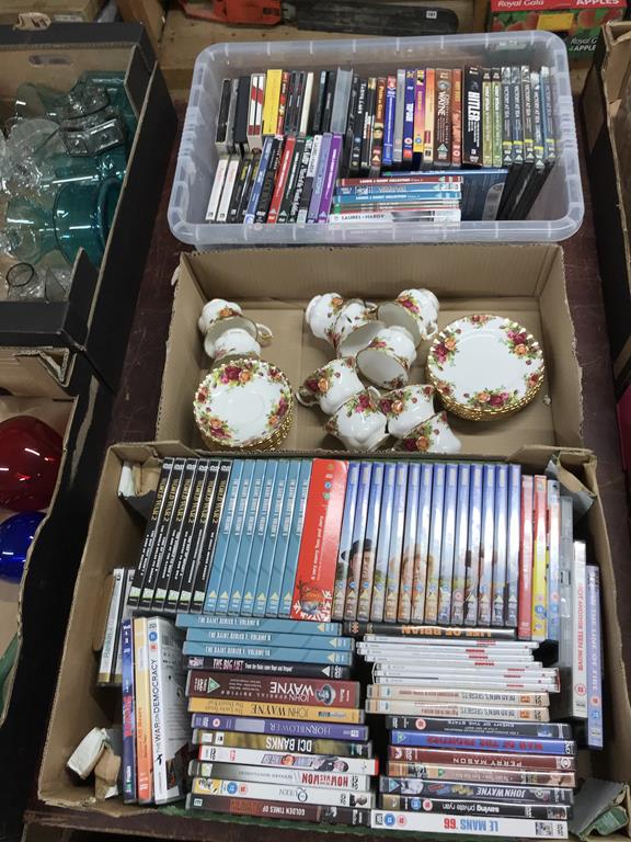 CDs, DVDs and Royal Albert Old Country Roses tea wares.