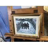 Peter McPartlin, oil, monogrammed, 'Three Miners walking in the snow', 19 x 24cm