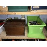 A shelf of assorted, to include a mahogany deed box etc.