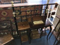 A Victorian style bed frame, two occasional tables, tiled shelf and stool etc.