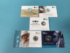 A collection of 5 silver proof coins, 4 x £20 and 1 x £50