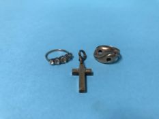 Two 9ct gold rings and a crucifix, 7g