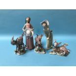 Two boxed Lladro figures and three boxed Lladro 'Fawns'