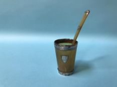 A silver mounted horn beaker and spoon