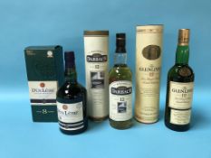 Three bottles of Whisky; Glen Darbach 12 year old, Dun Leire 8 year old and Glenlivet 12 year old (