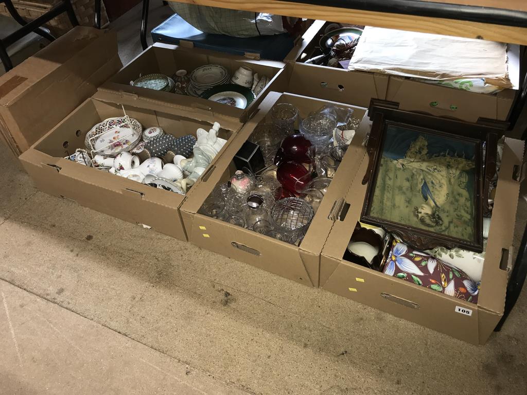 Four trays of glassware and china