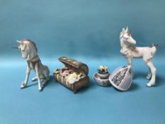 Two boxed Lladro 'Unicorns', a boxed Spring Egg and a boxed Lladro 'Cofre'