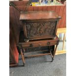 An oak box and a side table