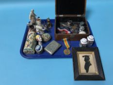 A tray of assorted, to include medals, half doll cigarette case etc.
