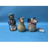 A French majolica water jug in the form of a dressed seated pig and three other pig form jugs (4)