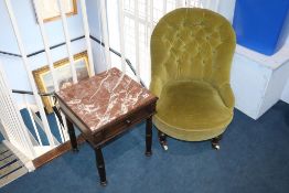 A marble top side table and a Victorian nursing chair