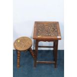 A carved oak stool and carved oak table