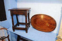 An Edwardian oval tray, oak joint stool etc.