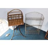 An Edwardian oak and brass four division magazine stand and a wirework three tier shelf