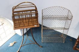 An Edwardian oak and brass four division magazine stand and a wirework three tier shelf