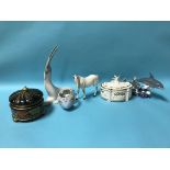 A Firebird music box, a Faberge 'Snow Dove' jewellery box, a Lladro group of leaping dolphins,