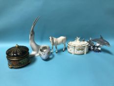A Firebird music box, a Faberge 'Snow Dove' jewellery box, a Lladro group of leaping dolphins,