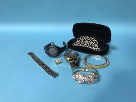 A tray of assorted costume jewellery and watches etc.