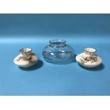 A pair of Royal Worcester Grainger and Co. squat shaped vases and a clear glass and enamel decorated