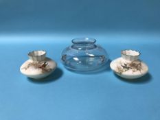 A pair of Royal Worcester Grainger and Co. squat shaped vases and a clear glass and enamel decorated