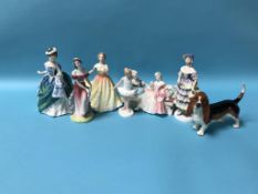 A Beswick Beagle and six Royal Doulton figures