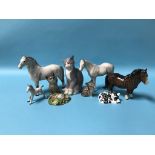 Three Beswick horses, a Bing and Grondahl seated cat, a Royal Crown Derby paperweight of a cat etc.