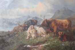 William Woodhouse (1857-1939), oil, signed, 'Highland Landscape with resting Highland cattle', 50