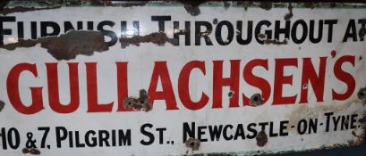 A large enamelled sign, 'Furnish throughout at Gullachsen's 10 and 7 Pilgrim Street, Newcastle on
