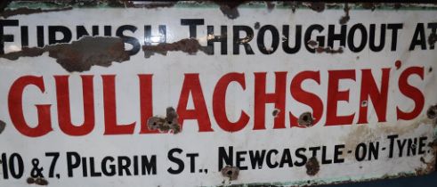 A large enamelled sign, 'Furnish throughout at Gullachsen's 10 and 7 Pilgrim Street, Newcastle on