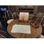 A mahogany stationary box, a letter rack and a shawl