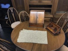 A mahogany stationary box, a letter rack and a shawl
