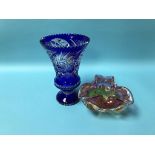 A blue and clear flashed glass vase and a coloured glass dish (2)