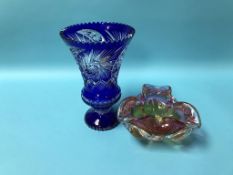 A blue and clear flashed glass vase and a coloured glass dish (2)