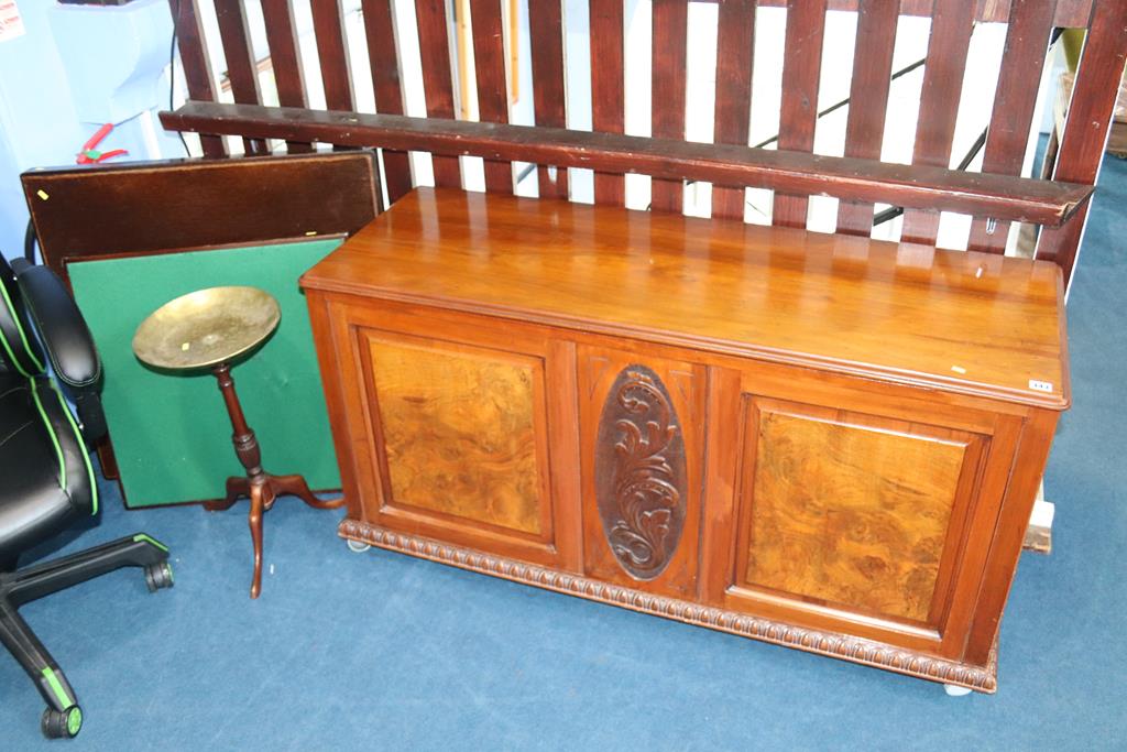 A walnut blanket box and two bridge tables etc.