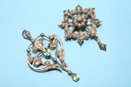 Two 9ct Art Nouveau seed pearl mounted pendants, 8g