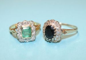 An 18ct gold diamond and emerald mounted ring, 4.6g and one other