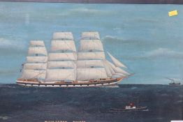 A late 19th century, unsigned, oil, Tall ship 'Maulesden of Dundee Homeward Bound', 28 x 44cm