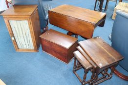 A mahogany box, oak nest of tables and oak filing cabinet